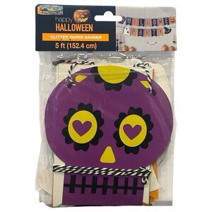 "WELCOME PARTY" Glitter Paper Banner Skull Halloween Party Decor 5 ft long